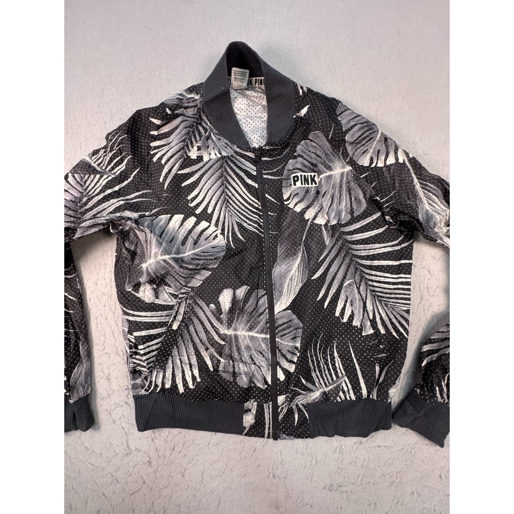 Pink Victoria's Secret Bomber Jacket Womens Small Black Dotted Floral Full Zip